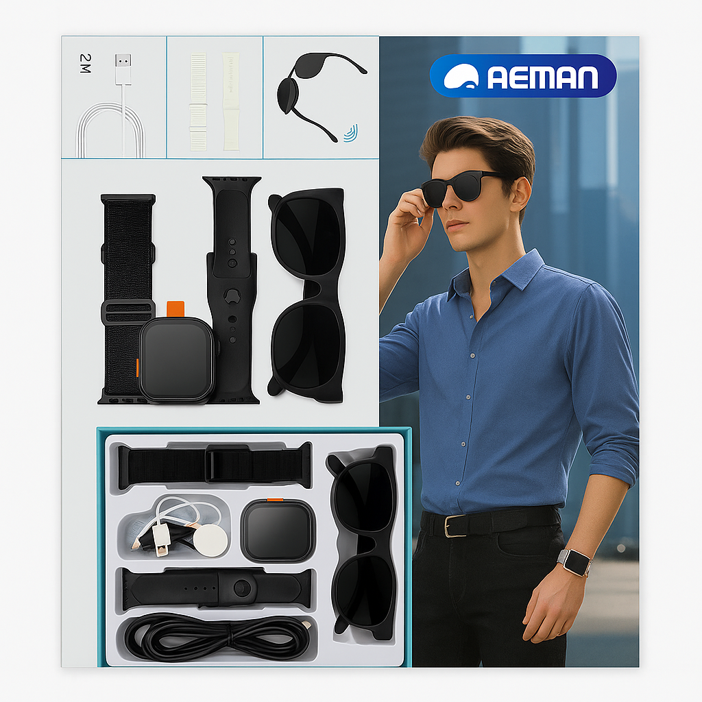 RM43 Smart Combo Set – Smartwatch + Sunglasses + Accessories (6-in-1 Kit)